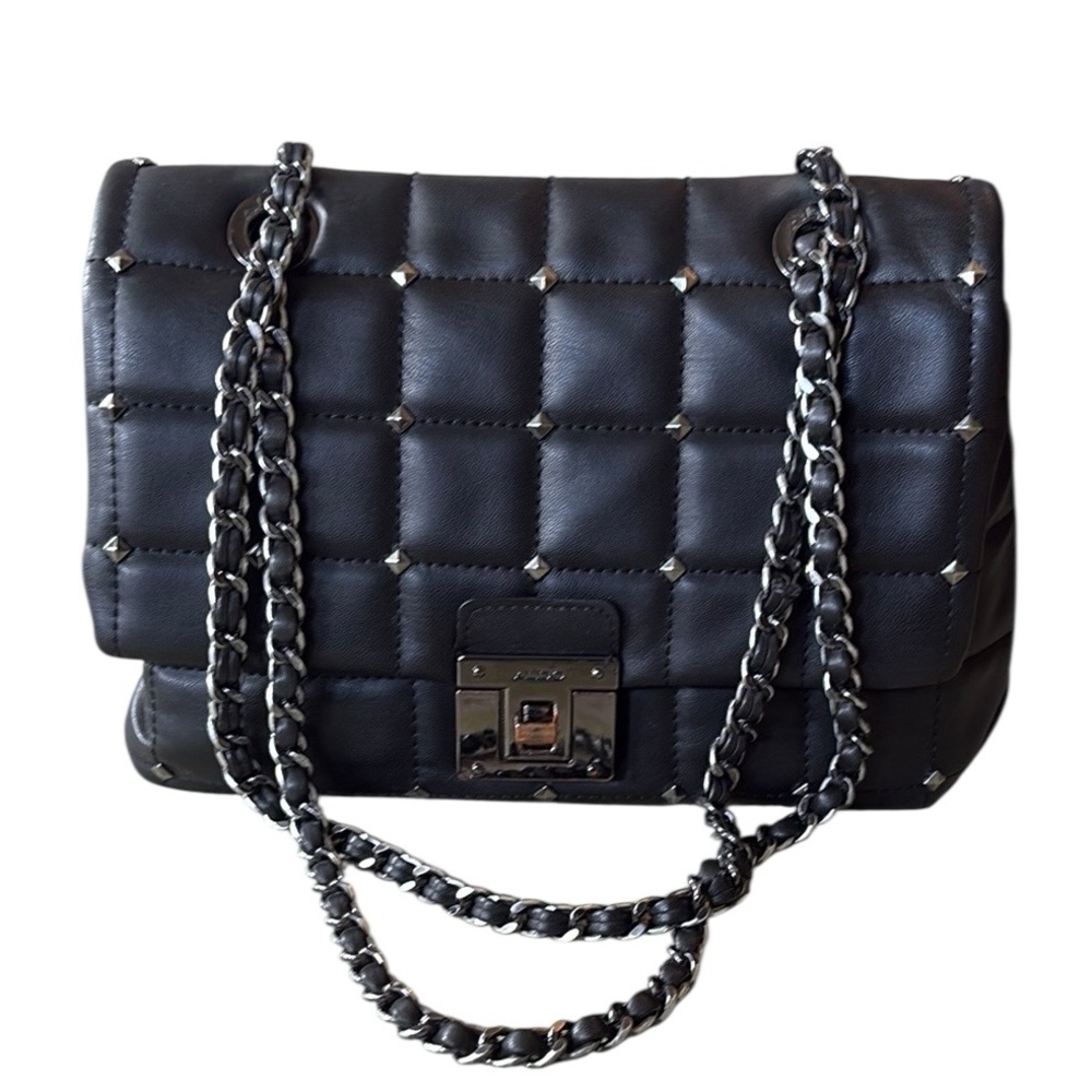 Aldo Olelirin Black Quilted Vegan Leather Silver Studded Crossbody Shoulder Bag - Picture 5 of 16